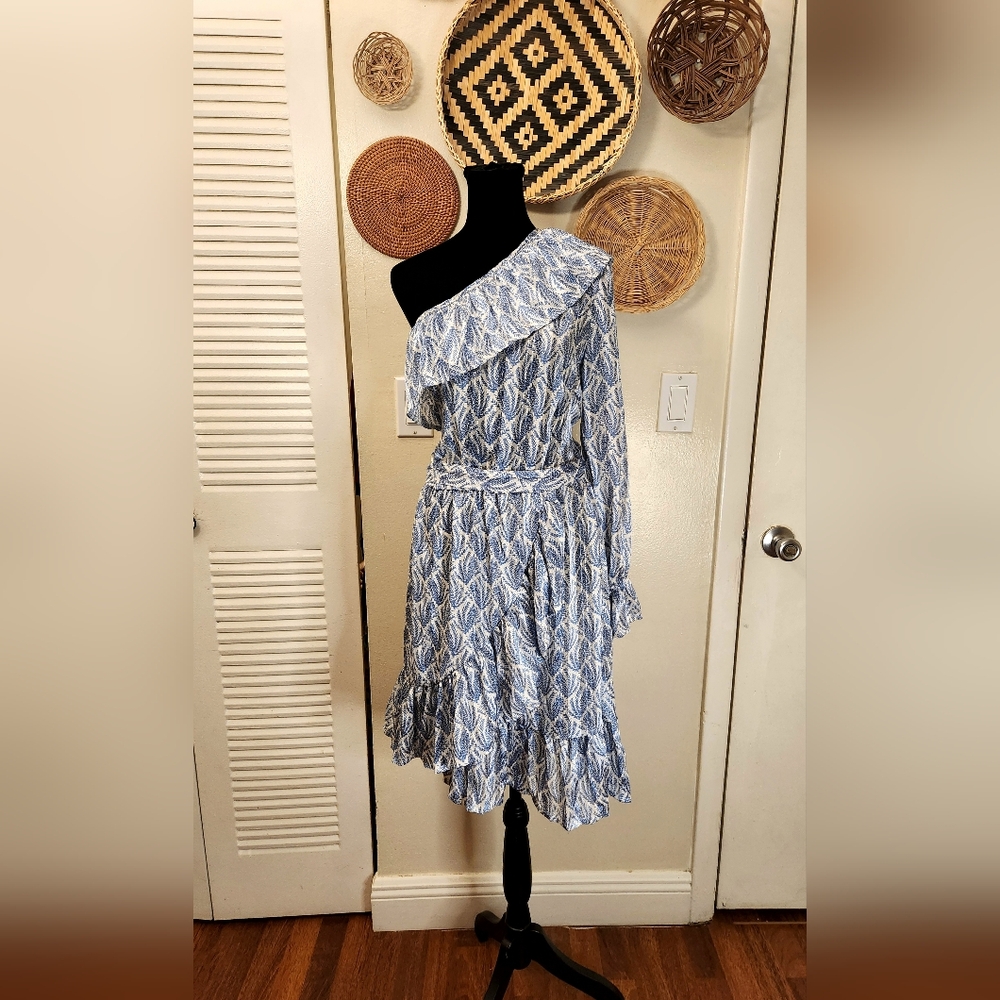LAST ONE! White and Blue One Sleeve Ruffle Mini Dress With Wrap - Picture 5 of 13
